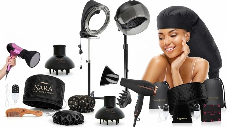 collection of hair dryers, soft bonnets, hooded dryers, diffusers and heat caps for dreadlocks