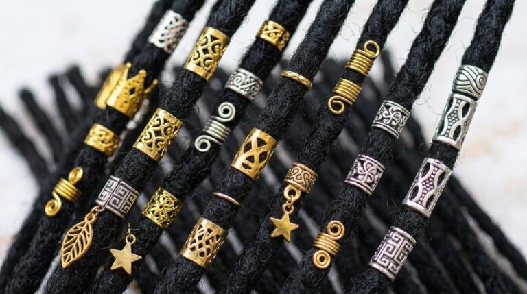 dreadlocks decorados con cuentas, anillos y manguitos dorados y plateados