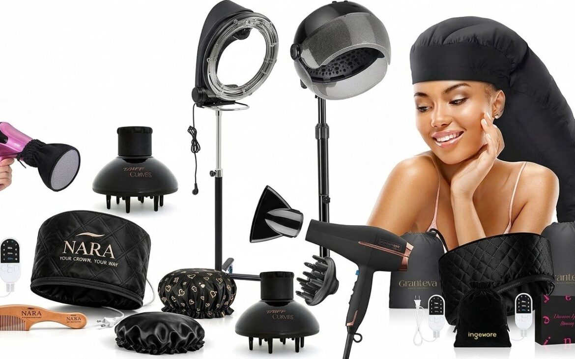 collection de sèche-cheveux, bonnets souples, casques de séchage, diffuseurs et casques chauffants pour dreadlocks
