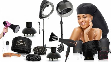 collection de sèche-cheveux, bonnets souples, casques de séchage, diffuseurs et casques chauffants pour dreadlocks